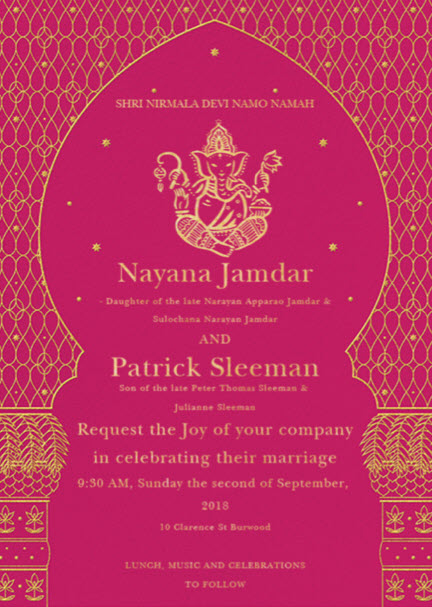 Invitation to the wedding of Nayana Jamdar & Patrick Sleeman