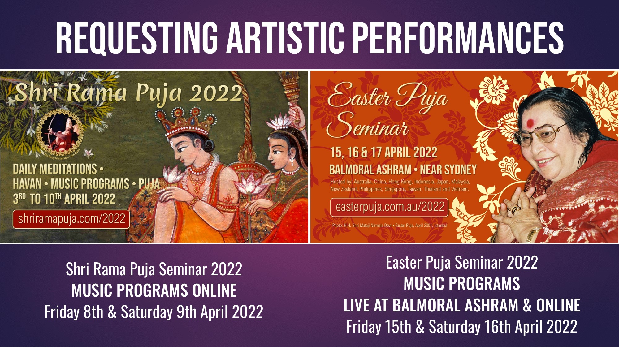 Inviting musicians and all artists for Shri Rama and Easter Pujas – March 2022