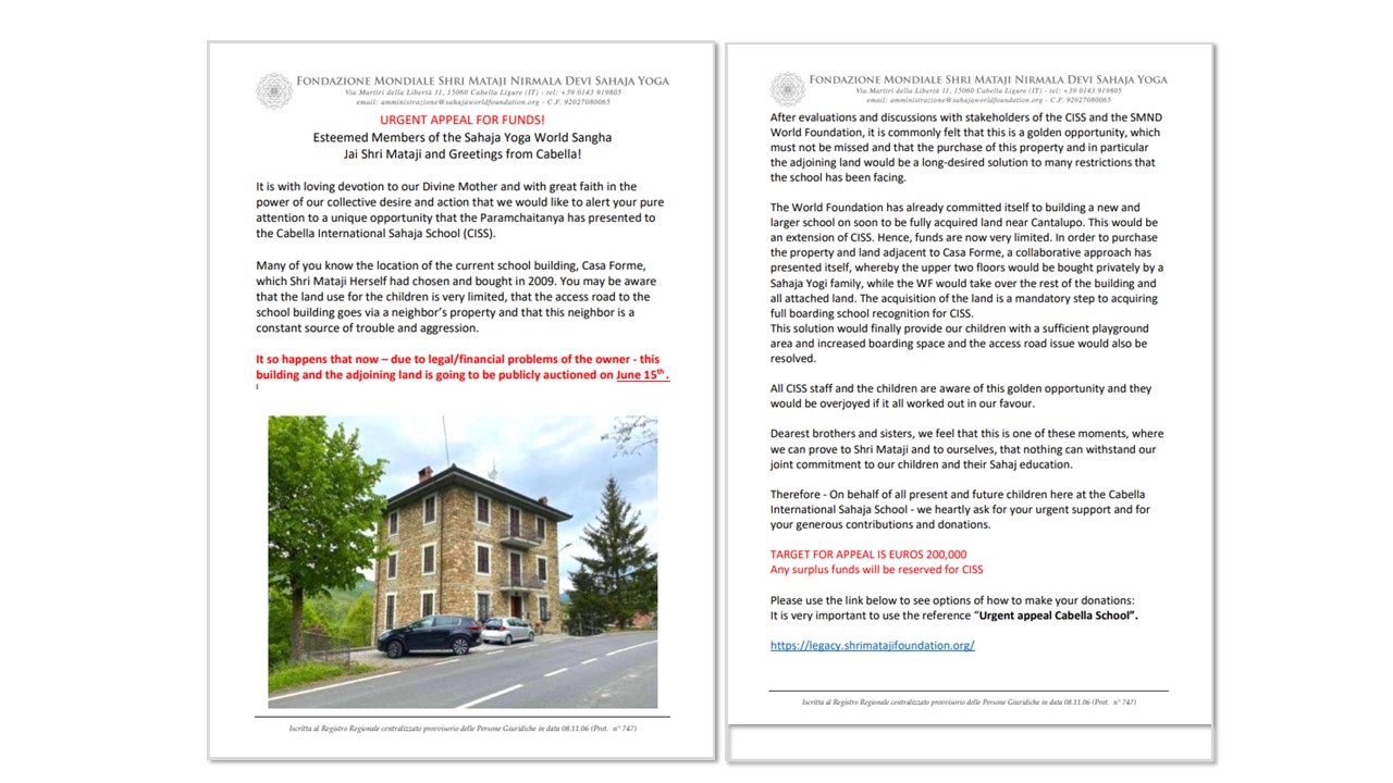 Urgent Appeal – Cabella International Sahaja School (CISS).